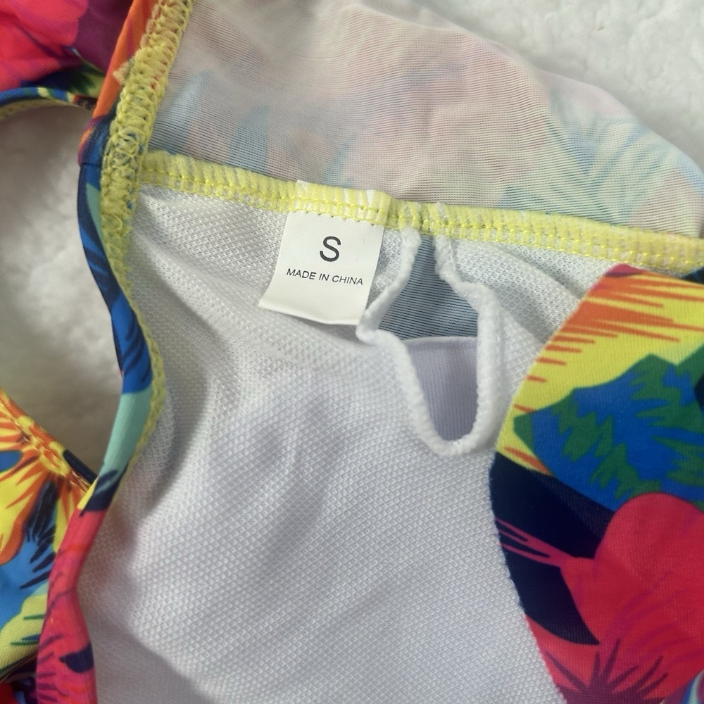 Bikini Set Womens Small Multicolor Floral Ruffle Top High Waist Yellow Bottom - Picture 9 of 16